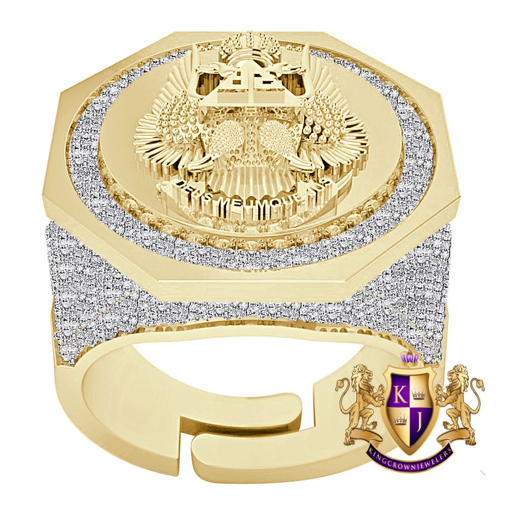 Men's Real Genuine Diamond 1.25 Cwt. Scottish Rite 32 Degree Wings Up Masonic Knights Templar Freemasonry Band Ring 10K Gold Over 17+ Grams