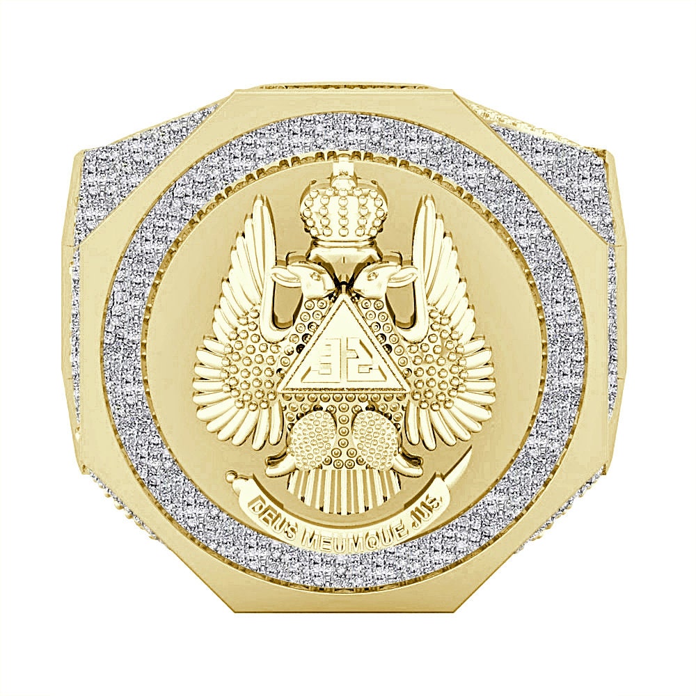 Men's Real Genuine Diamond 1.25 Cwt. Scottish Rite 32 Degree Wings Up Masonic Knights Templar Freemasonry Band Ring 10K Gold Over 17+ Grams