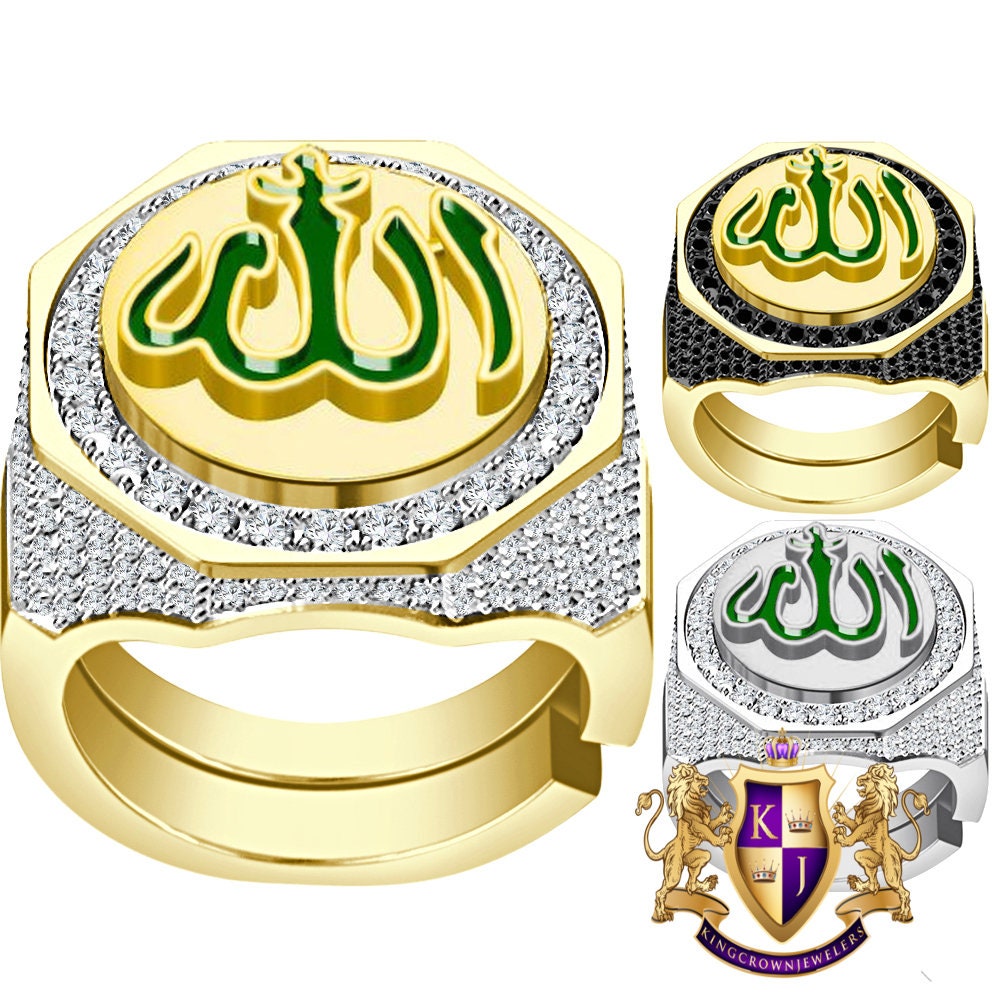 Men's Real Genuine Sterling Silver 14K Gold On Simulated Diamond Allah God Islamic Arabic Ring Big Bold 20mm Band (Adjustable Size 10 Up 12)