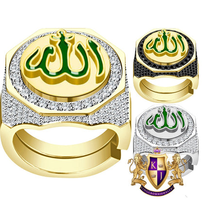 Men's Real Genuine Sterling Silver 14K Gold On Simulated Diamond Allah God Islamic Arabic Ring Big Bold 20mm Band (Adjustable Size 10 Up 12)