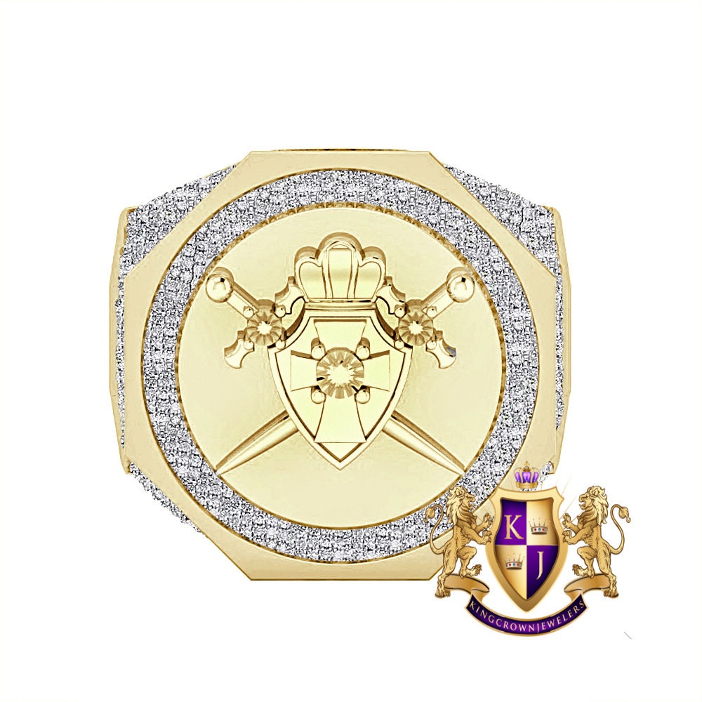 Men's Real Genuine Diamond 1.25 Cwt. Knight Templar Masonic Shield and Sword Freemasonry Freemason Band Ring 10K Gold Over 17+ Grams