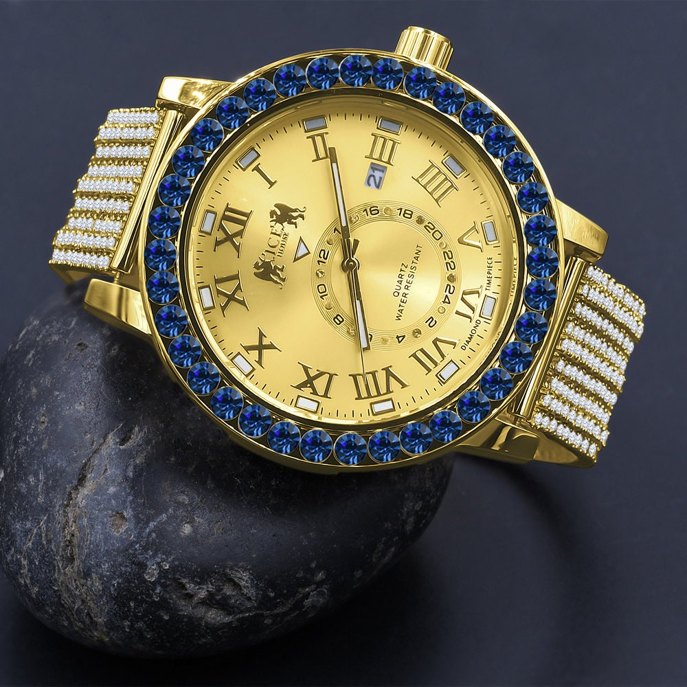 Sapphire Blue Solitaire Roman Numeral Dial Face 18K Yellow Gold Tone 12 Ct. Simulated Diamond Men's Custom Designer Luxury Watch W/Date 54mm