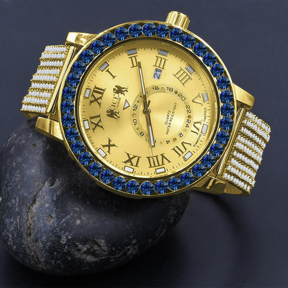Sapphire Blue Solitaire Roman Numeral Dial Face 18K Yellow Gold Tone 12 Ct. Simulated Diamond Men's Custom Designer Luxury Watch W/Date 54mm
