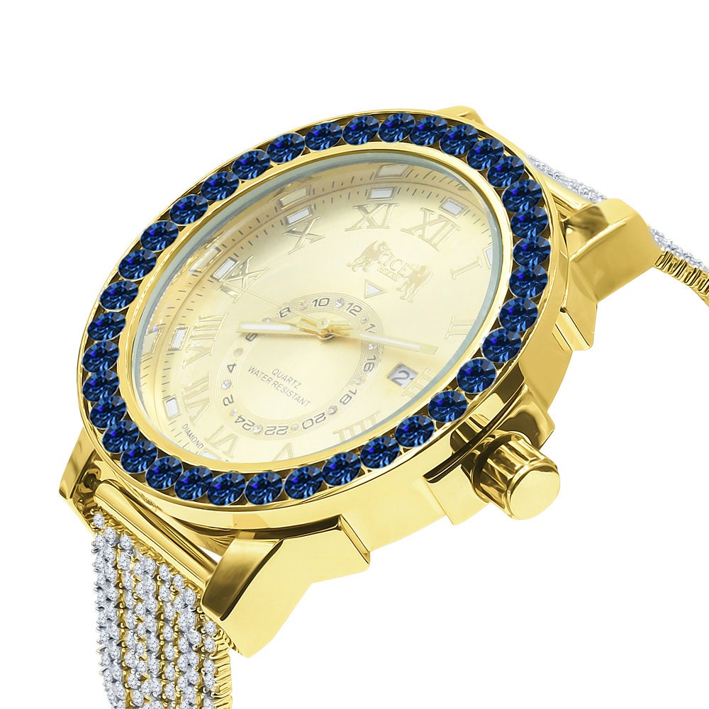 Sapphire Blue Solitaire Roman Numeral Dial Face 18K Yellow Gold Tone 12 Ct. Simulated Diamond Men's Custom Designer Luxury Watch W/Date 54mm