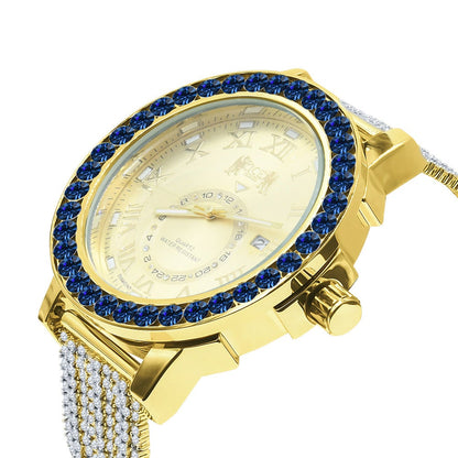 Sapphire Blue Solitaire Roman Numeral Dial Face 18K Yellow Gold Tone 12 Ct. Simulated Diamond Men's Custom Designer Luxury Watch W/Date 54mm