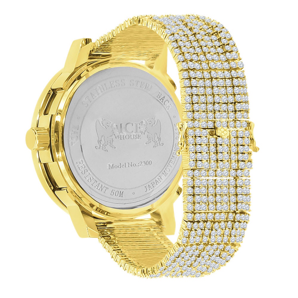 Sapphire Blue Solitaire Roman Numeral Dial Face 18K Yellow Gold Tone 12 Ct. Simulated Diamond Men's Custom Designer Luxury Watch W/Date 54mm