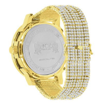 Sapphire Blue Solitaire Roman Numeral Dial Face 18K Yellow Gold Tone 12 Ct. Simulated Diamond Men's Custom Designer Luxury Watch W/Date 54mm