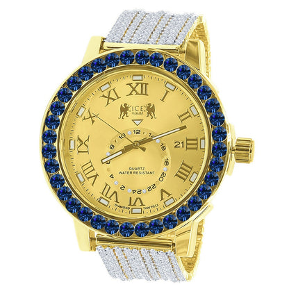 Sapphire Blue Solitaire Roman Numeral Dial Face 18K Yellow Gold Tone 12 Ct. Simulated Diamond Men's Custom Designer Luxury Watch W/Date 54mm