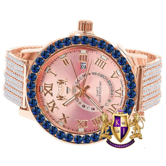 Sapphire Blue Solitaire Roman Numeral Dial 18K Rose Gold Finish 12 Cwt. Simulated Diamond Men's Custom Designer Luxury Watch With Date 54mm
