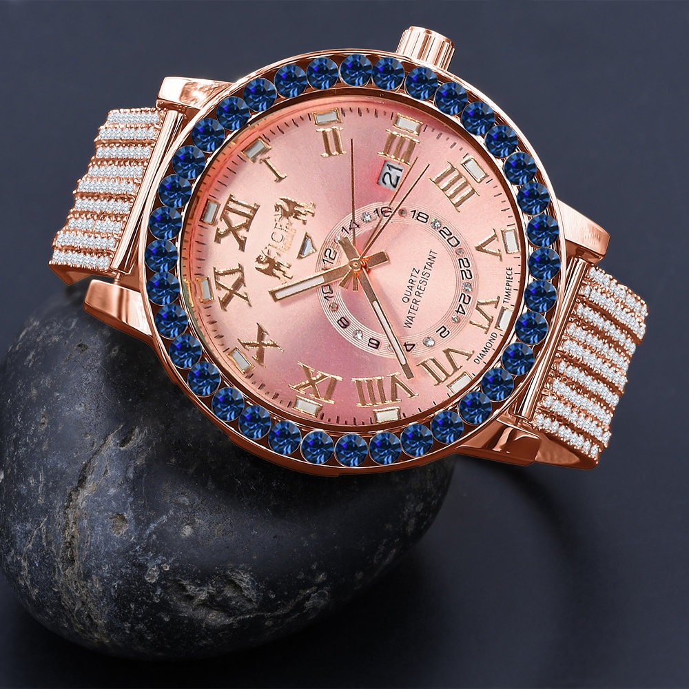 Sapphire Blue Solitaire Roman Numeral Dial 18K Rose Gold Finish 12 Cwt. Simulated Diamond Men's Custom Designer Luxury Watch With Date 54mm