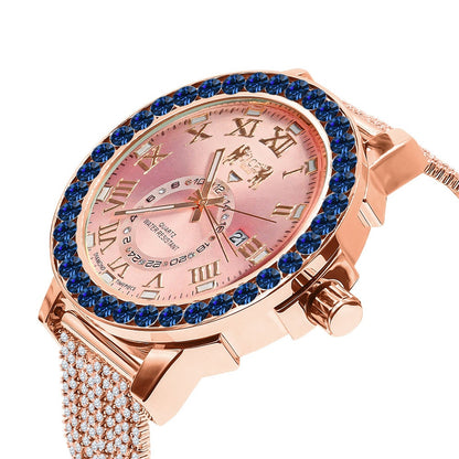 Sapphire Blue Solitaire Roman Numeral Dial 18K Rose Gold Finish 12 Cwt. Simulated Diamond Men's Custom Designer Luxury Watch With Date 54mm
