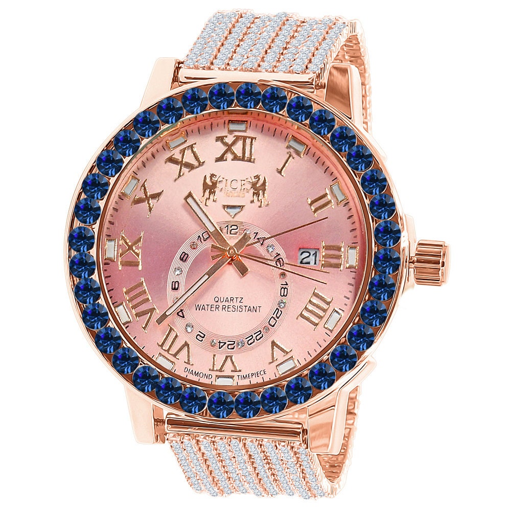Sapphire Blue Solitaire Roman Numeral Dial 18K Rose Gold Finish 12 Cwt. Simulated Diamond Men's Custom Designer Luxury Watch With Date 54mm