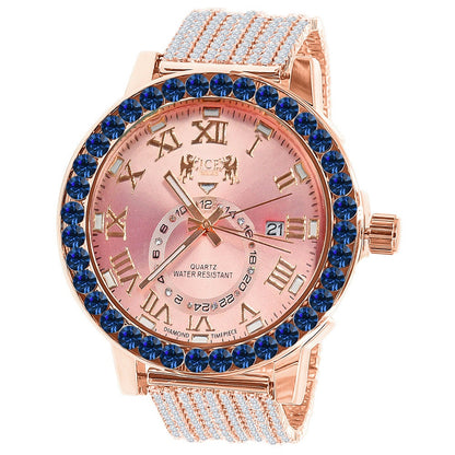 Sapphire Blue Solitaire Roman Numeral Dial 18K Rose Gold Finish 12 Cwt. Simulated Diamond Men's Custom Designer Luxury Watch With Date 54mm