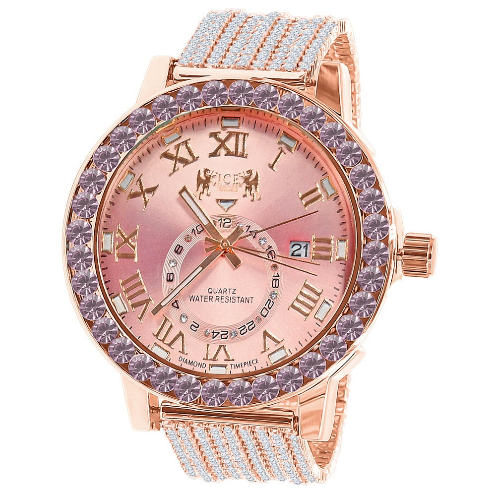 Soft Baby Pink Solitaire Roman Numeral Dial 18K Rose Gold Finish 12 Cwt. Simulated Diamond Men's Custom Designer Watch With Date 54mm