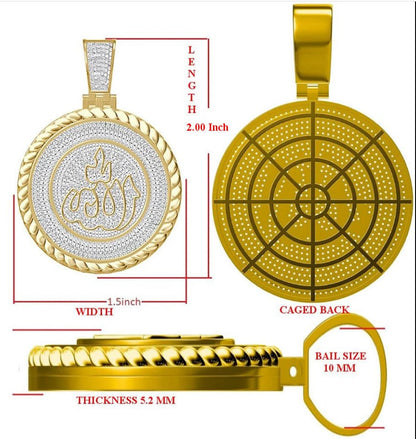 Real Genuine Authentic Diamond 1.20 Cwt. Allah God Muslim Arabic Islamic Round Medallion Charm 10K Gold Over Religious Pendant 18+ Grams 2''