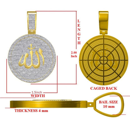Real Genuine Authentic Diamond 1.25 Cwt. Allah God Muslim Islamic Arabic Round Medallion Charm 10k Gold Over Unisex Religious Pendent 2''