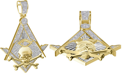 Real Diamond 0.60 Cwt. Masonic Skull Bones Freemasons Illuminati G Compass All Seeing Eye Of Providence Widows Sons Charm Pendant Chain Set