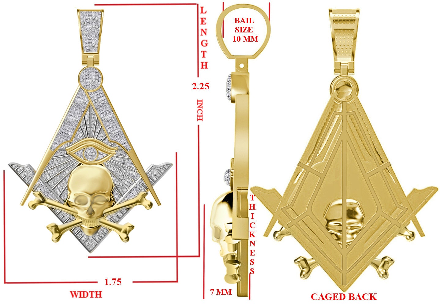 Real Diamond 0.60 Cwt. Masonic Skull Bones Freemasons Illuminati G Compass All Seeing Eye Of Providence Widows Sons Charm Pendant Chain Set