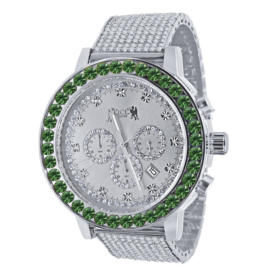 Men's Solitaire Emerald Green Dial Face 18k White Gold Finish 12 Cwt. Simulated Diamond Exclusive Custom Luxury Watch W/Date 50mm