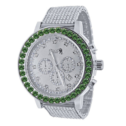 Men's Solitaire Emerald Green Dial Face 18k White Gold Finish 12 Cwt. Simulated Diamond Exclusive Custom Luxury Watch W/Date 50mm