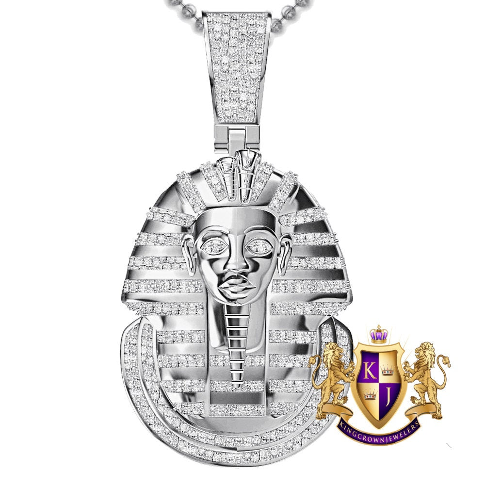 Real Genuine Authentic Diamond 0.60 Cwt. 24+ Grams Egyptian King Tut Pharaoh Ramesses Mummy Charm 10K Solid Gold Finish Pendant + Chain 2''