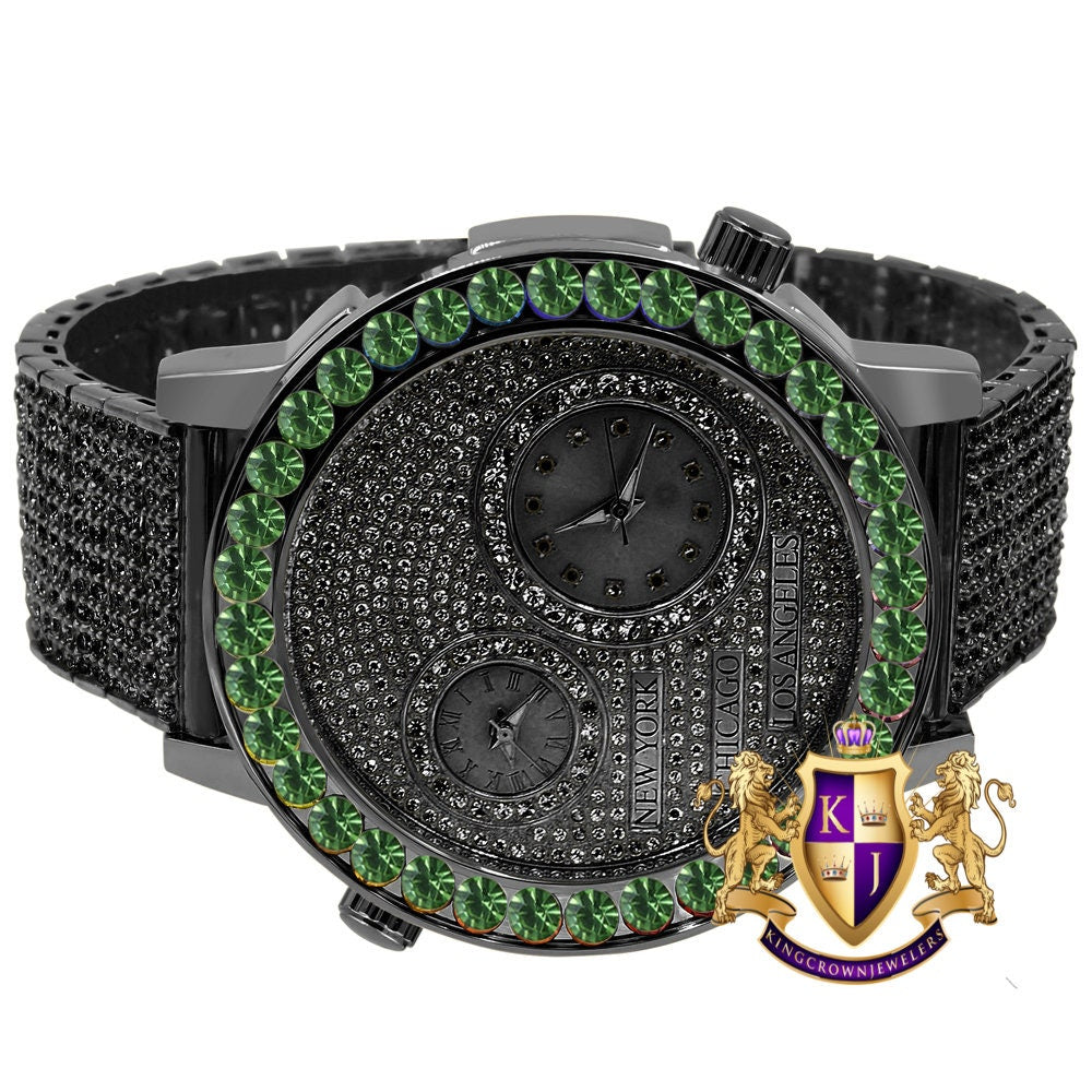 Men's Solitaire Emerald Green Dial Face Working Chronograph Diamond 18K Black Gold Finish Bezel Band Custom Luxury Watch Analog 45mm W/Date