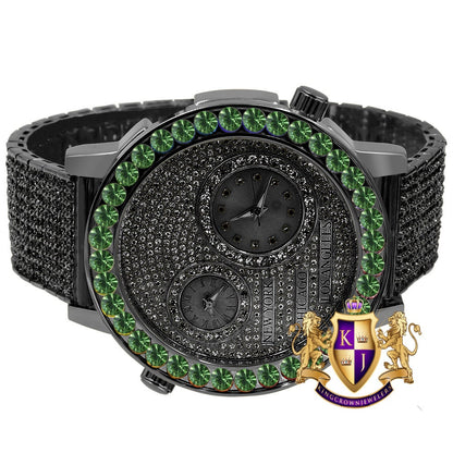 Men's Solitaire Emerald Green Dial Face Working Chronograph Diamond 18K Black Gold Finish Bezel Band Custom Luxury Watch Analog 45mm W/Date