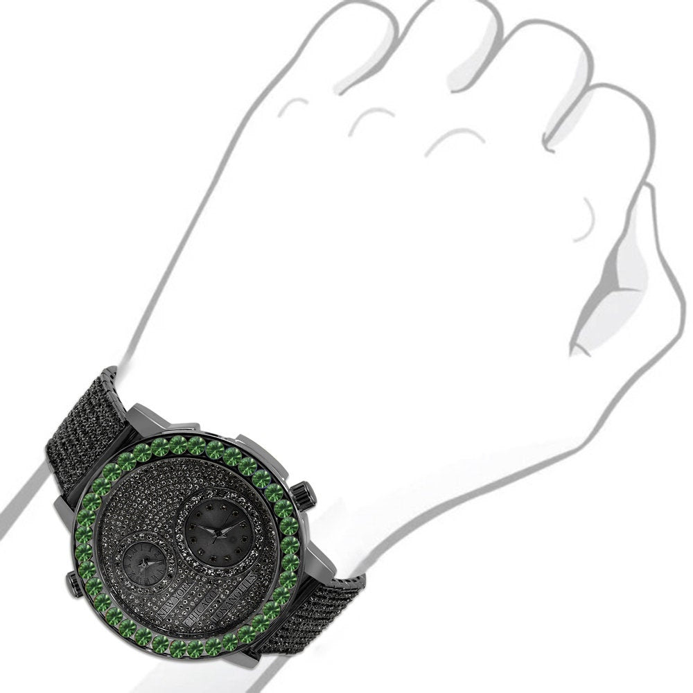 Men's Solitaire Emerald Green Dial Face Working Chronograph Diamond 18K Black Gold Finish Bezel Band Custom Luxury Watch Analog 45mm W/Date