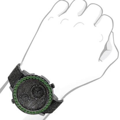 Men's Solitaire Emerald Green Dial Face Working Chronograph Diamond 18K Black Gold Finish Bezel Band Custom Luxury Watch Analog 45mm W/Date