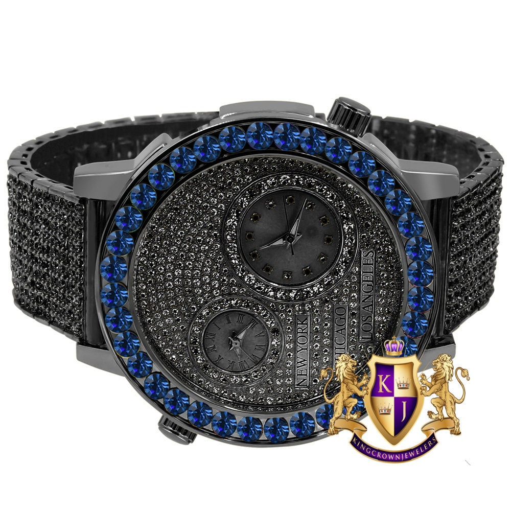 Men's Solitaire Blue Sapphire Dial Face Working Chronograph Diamond 18K Black Gold Finish Bezel Band Custom Luxury Watch Analog 45mm W/Date