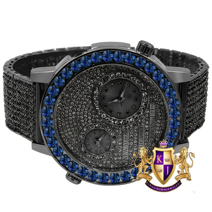 Men's Solitaire Blue Sapphire Dial Face Working Chronograph Diamond 18K Black Gold Finish Bezel Band Custom Luxury Watch Analog 45mm W/Date