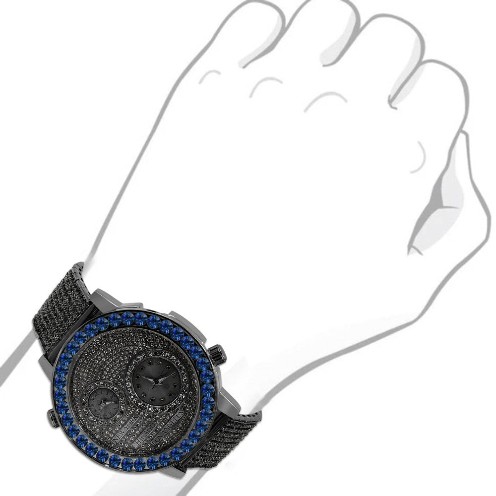 Men's Solitaire Blue Sapphire Dial Face Working Chronograph Diamond 18K Black Gold Finish Bezel Band Custom Luxury Watch Analog 45mm W/Date