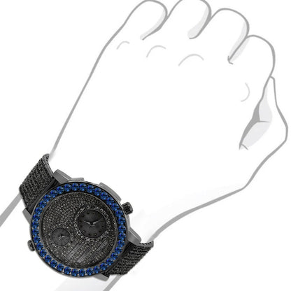 Men's Solitaire Blue Sapphire Dial Face Working Chronograph Diamond 18K Black Gold Finish Bezel Band Custom Luxury Watch Analog 45mm W/Date