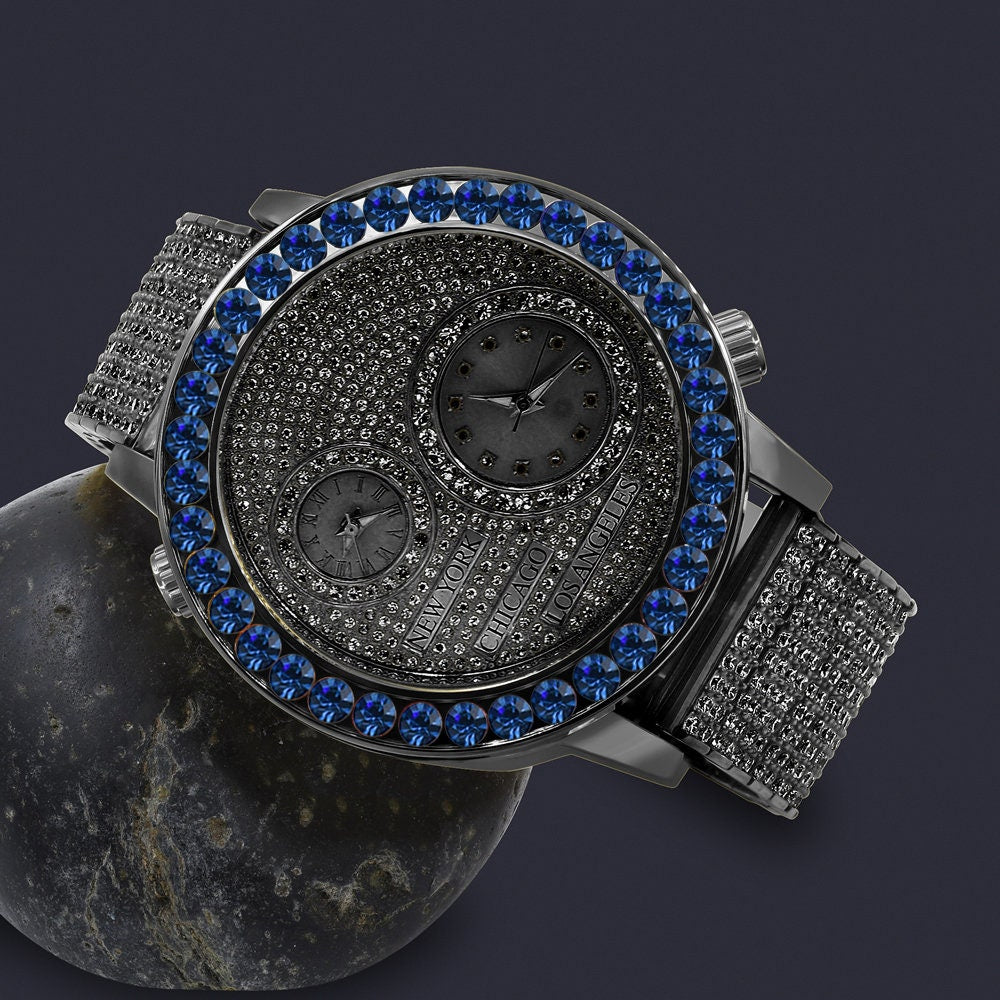 Men's Solitaire Blue Sapphire Dial Face Working Chronograph Diamond 18K Black Gold Finish Bezel Band Custom Luxury Watch Analog 45mm W/Date