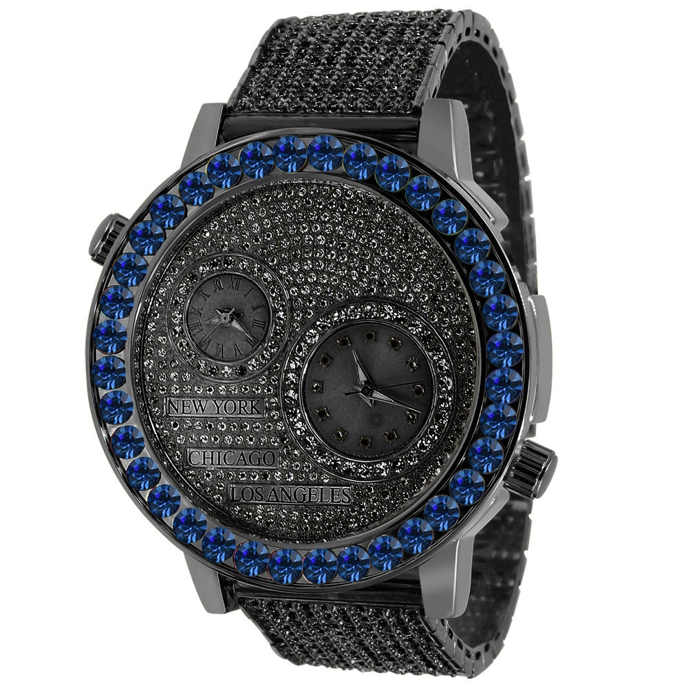Men's Solitaire Blue Sapphire Dial Face Working Chronograph Diamond 18K Black Gold Finish Bezel Band Custom Luxury Watch Analog 45mm W/Date