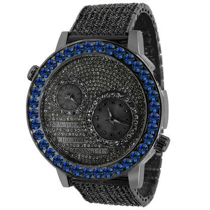 Men's Solitaire Blue Sapphire Dial Face Working Chronograph Diamond 18K Black Gold Finish Bezel Band Custom Luxury Watch Analog 45mm W/Date