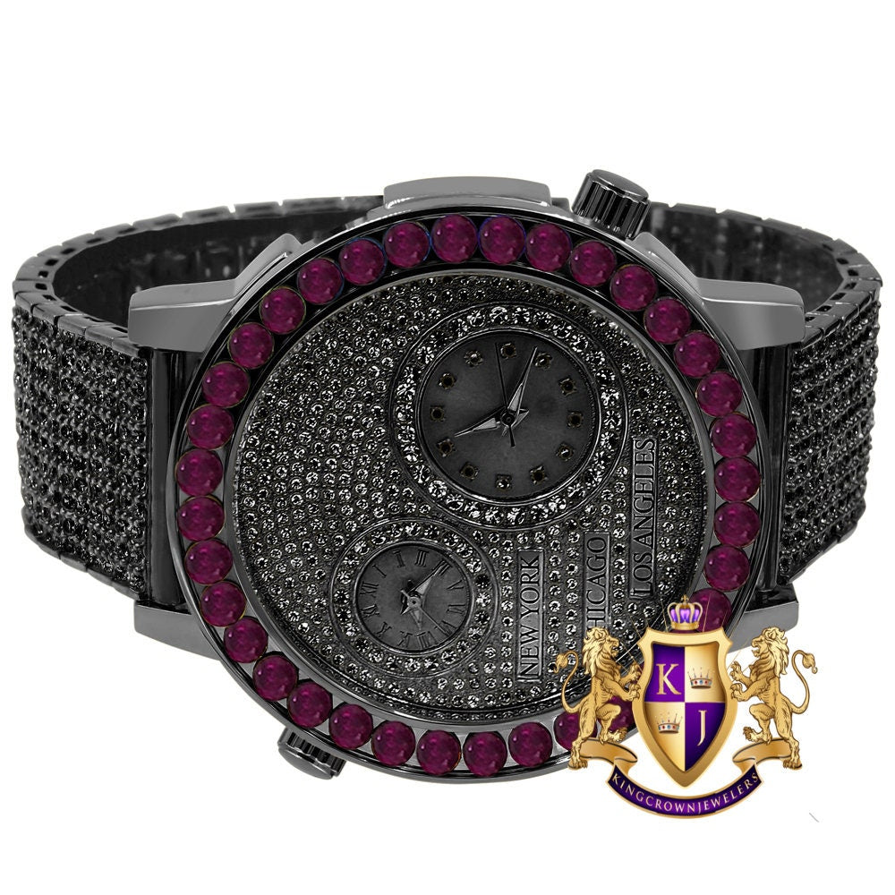 Men's Solitaire Fire Pink Dial Face Working Chronograph Diamond 18K Black Gold Finish Bezel Band Custom Luxury Watch Analog 45mm W/Date