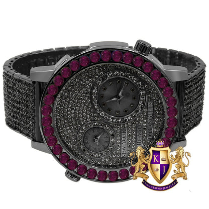Men's Solitaire Fire Pink Dial Face Working Chronograph Diamond 18K Black Gold Finish Bezel Band Custom Luxury Watch Analog 45mm W/Date