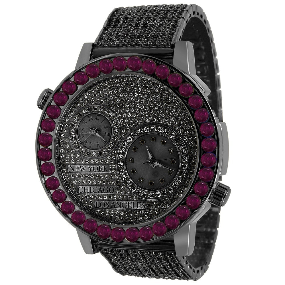 Men's Solitaire Fire Pink Dial Face Working Chronograph Diamond 18K Black Gold Finish Bezel Band Custom Luxury Watch Analog 45mm W/Date