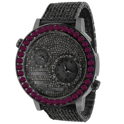 Men's Solitaire Fire Pink Dial Face Working Chronograph Diamond 18K Black Gold Finish Bezel Band Custom Luxury Watch Analog 45mm W/Date