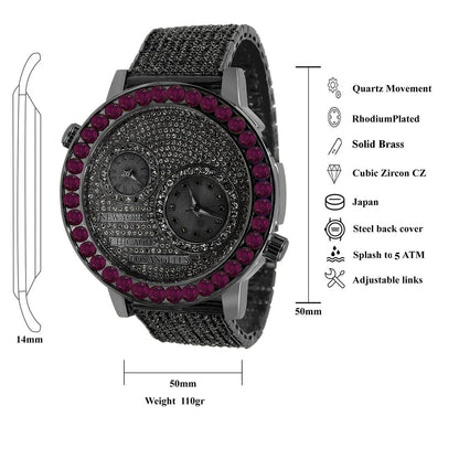 Men's Solitaire Fire Pink Dial Face Working Chronograph Diamond 18K Black Gold Finish Bezel Band Custom Luxury Watch Analog 45mm W/Date