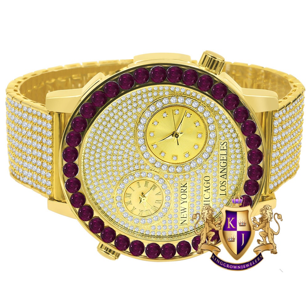 Men's Solitaire Fire Pink Dial Face Working Chronograph Diamond 18K Yellow Gold Finish Bezel Band Custom Luxury Watch Analog 45mm W/Date