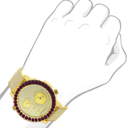 Men's Solitaire Fire Pink Dial Face Working Chronograph Diamond 18K Yellow Gold Finish Bezel Band Custom Luxury Watch Analog 45mm W/Date