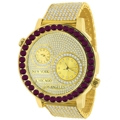 Men's Solitaire Fire Pink Dial Face Working Chronograph Diamond 18K Yellow Gold Finish Bezel Band Custom Luxury Watch Analog 45mm W/Date