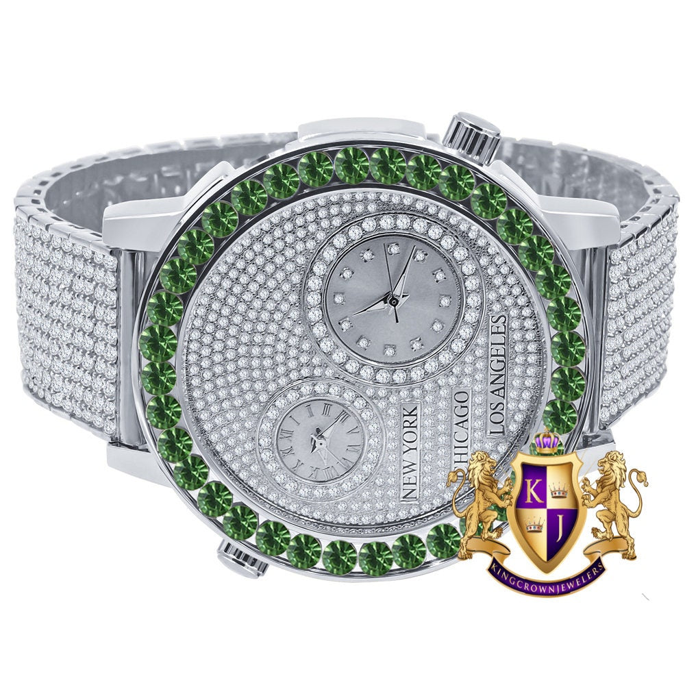 Men's Solitaire Emerald Green Dial Face Working Chronograph Diamond 18K White Gold Finish Bezel Band Custom Luxury Watch Analog 45mm W/Date