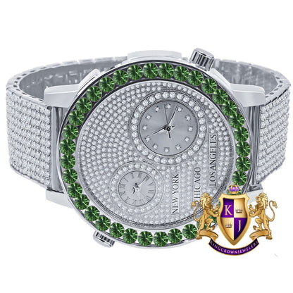 Men's Solitaire Emerald Green Dial Face Working Chronograph Diamond 18K White Gold Finish Bezel Band Custom Luxury Watch Analog 45mm W/Date