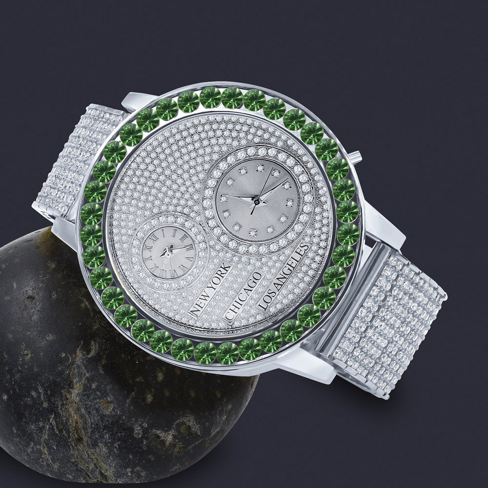 Men's Solitaire Emerald Green Dial Face Working Chronograph Diamond 18K White Gold Finish Bezel Band Custom Luxury Watch Analog 45mm W/Date