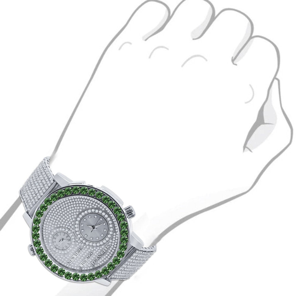 Men's Solitaire Emerald Green Dial Face Working Chronograph Diamond 18K White Gold Finish Bezel Band Custom Luxury Watch Analog 45mm W/Date