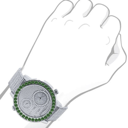 Men's Solitaire Emerald Green Dial Face Working Chronograph Diamond 18K White Gold Finish Bezel Band Custom Luxury Watch Analog 45mm W/Date
