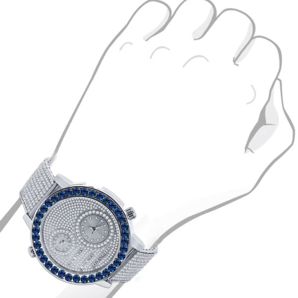 Men's Solitaire Blue Sapphire Dial Face Working Chronograph Diamond 18K White Gold Finish Bezel Band Custom Luxury Watch Analog 45mm W/Date